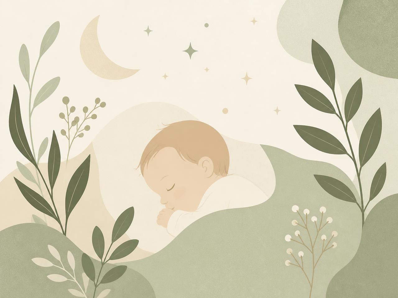 Illustration of a sleeping baby surrounded by soft leaves and stars