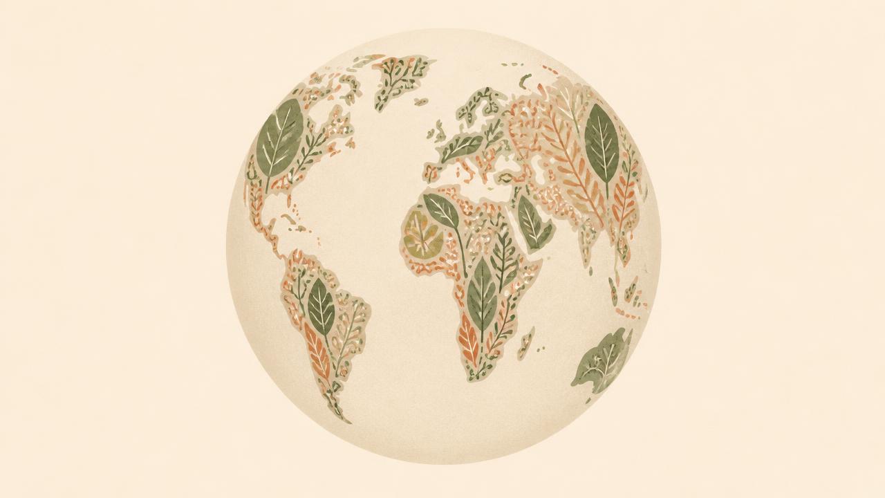 Globe with continents drawn as leaves, representing name origins