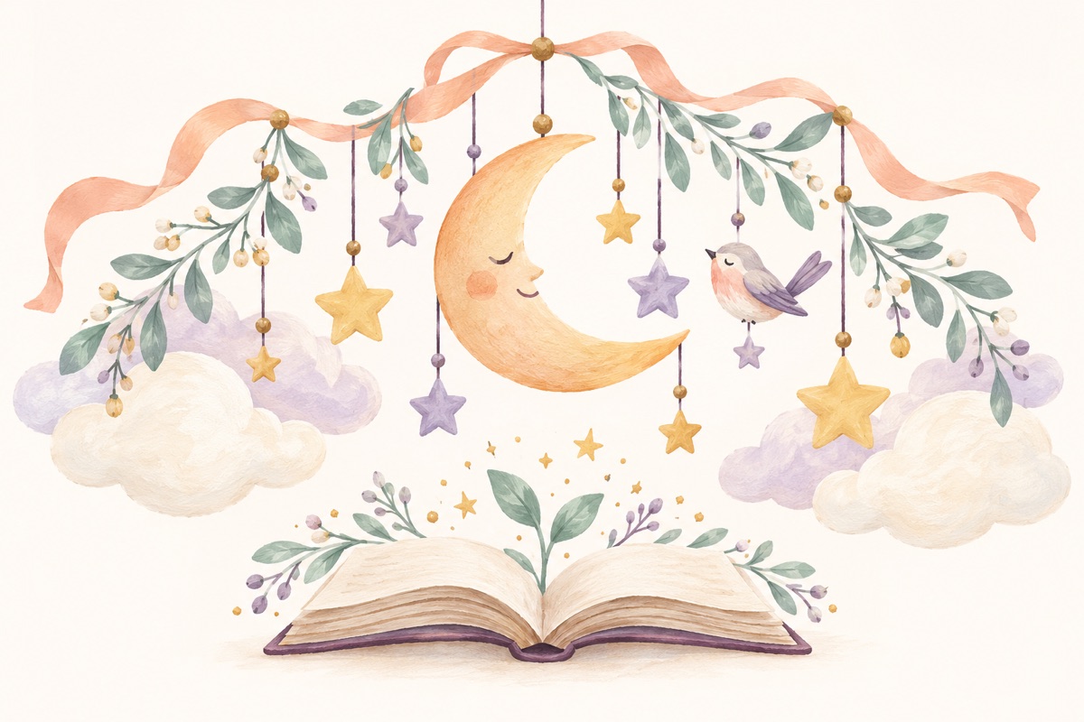 Hand-painted moon, stars, leaves and a songbird above an open storybook